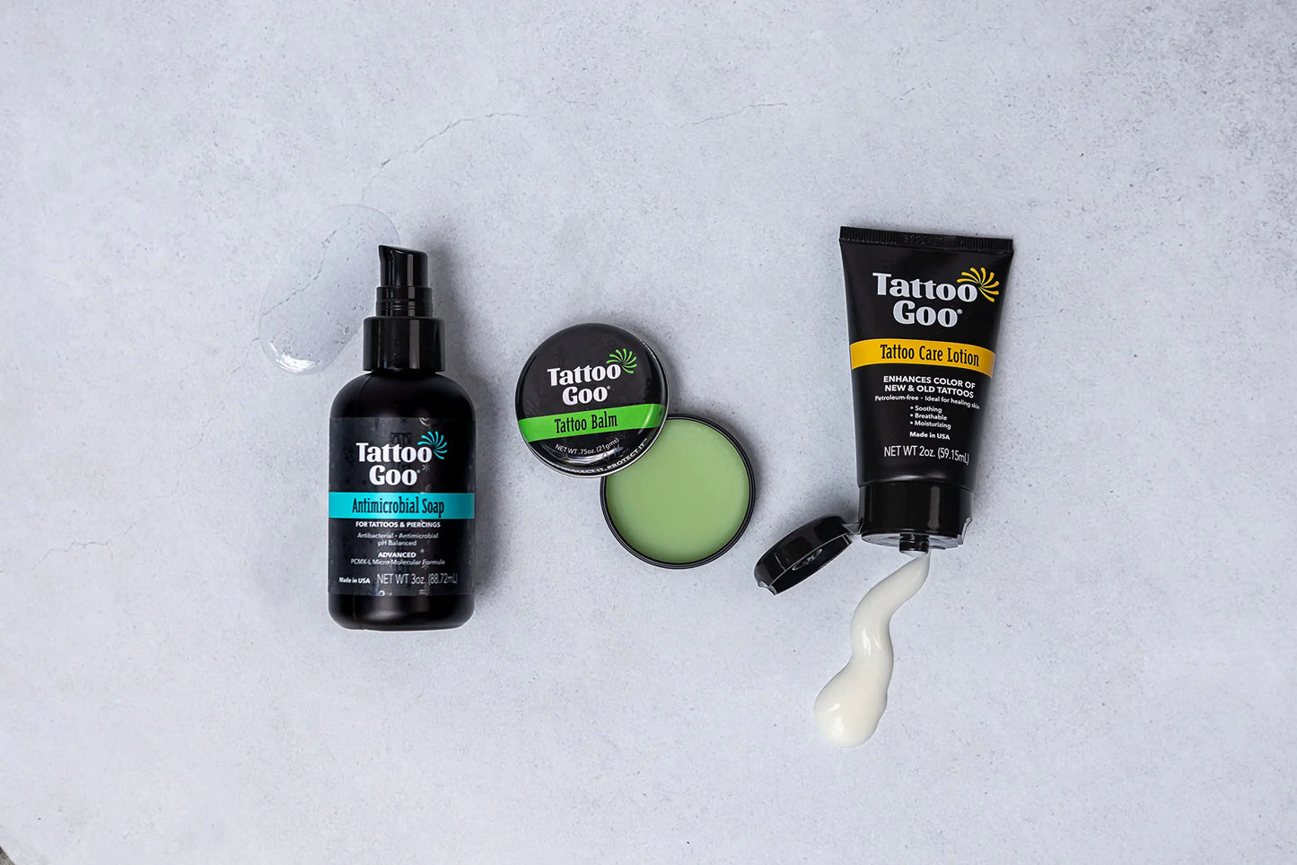 Tattoo Goo Aftercare Kit Includes Antimicrobial Soap, Balm, and Lotion, Tattoo Care for Color Enhancement + Quick Healing - Vegan, Cruelty-Free, Petroleum-Free (3 Piece Set)