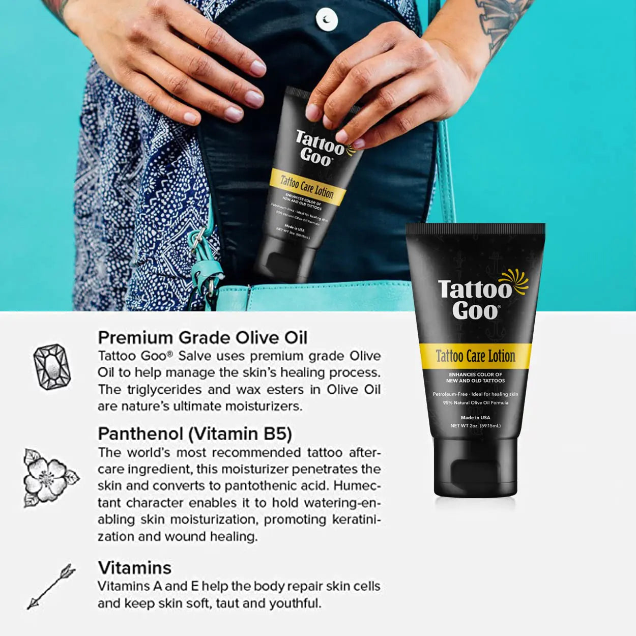 Tattoo Goo Aftercare Kit Includes Antimicrobial Soap, Balm, and Lotion, Tattoo Care for Color Enhancement + Quick Healing - Vegan, Cruelty-Free, Petroleum-Free (3 Piece Set)