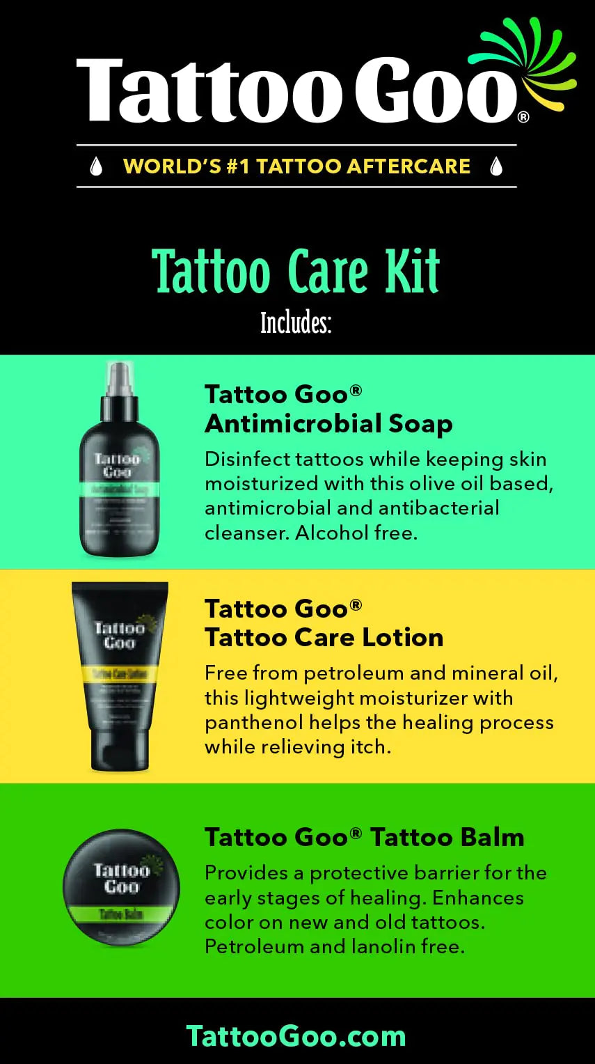 Tattoo Goo Aftercare Kit Includes Antimicrobial Soap, Balm, and Lotion, Tattoo Care for Color Enhancement + Quick Healing - Vegan, Cruelty-Free, Petroleum-Free (3 Piece Set)