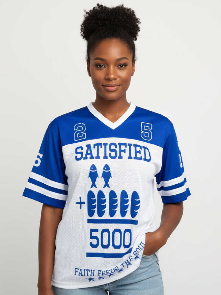 Women Matthew 14 Shirt American Football Tee (Blue & White)