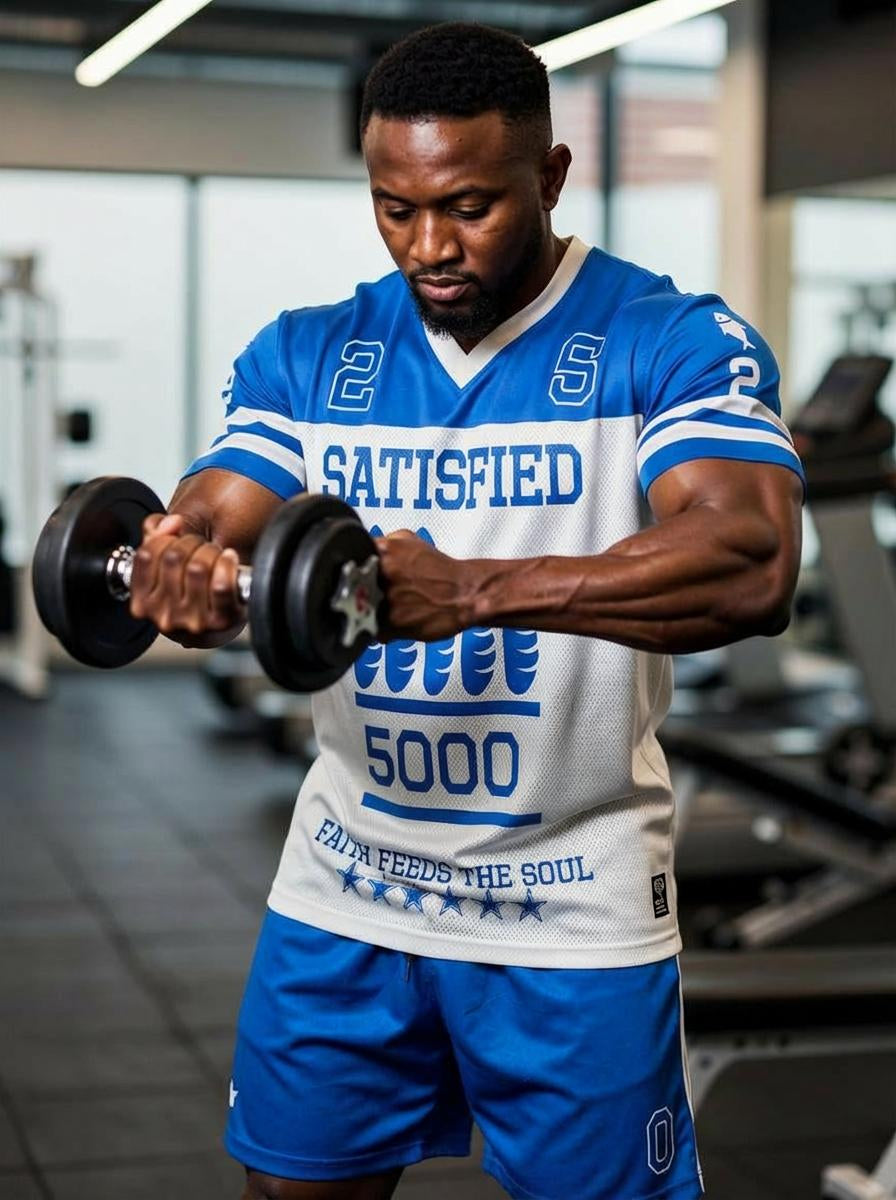 Men Matthew 14 Shirt American Football Tee (Blue & White)