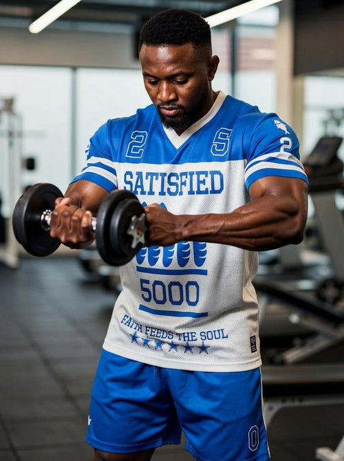 Men Matthew 14 Shirt American Football Tee (Blue & White)