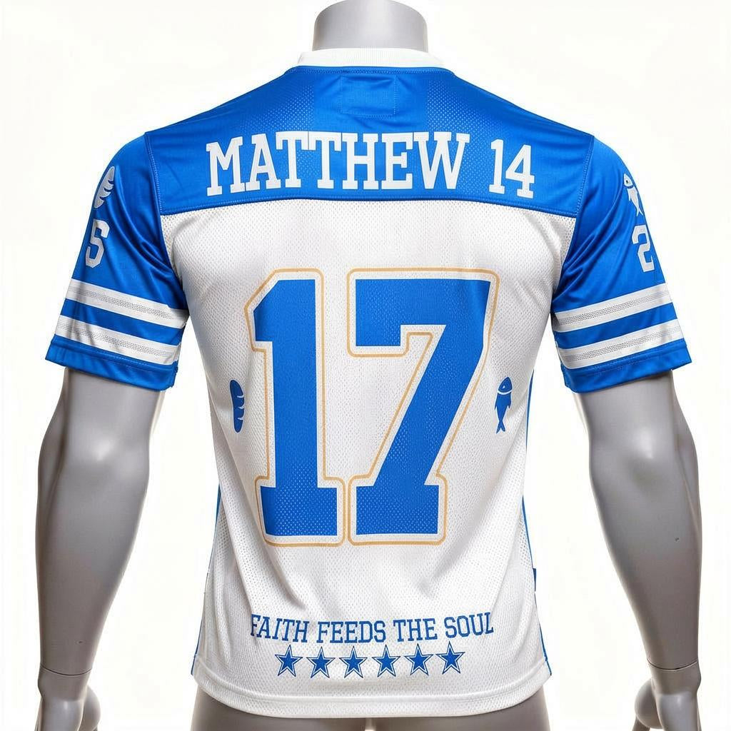 Men Matthew 14 Shirt American Football Tee (Blue & White)